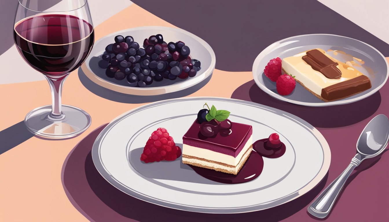 A glass of rich red wine next to a decadent creamy dessert on a table