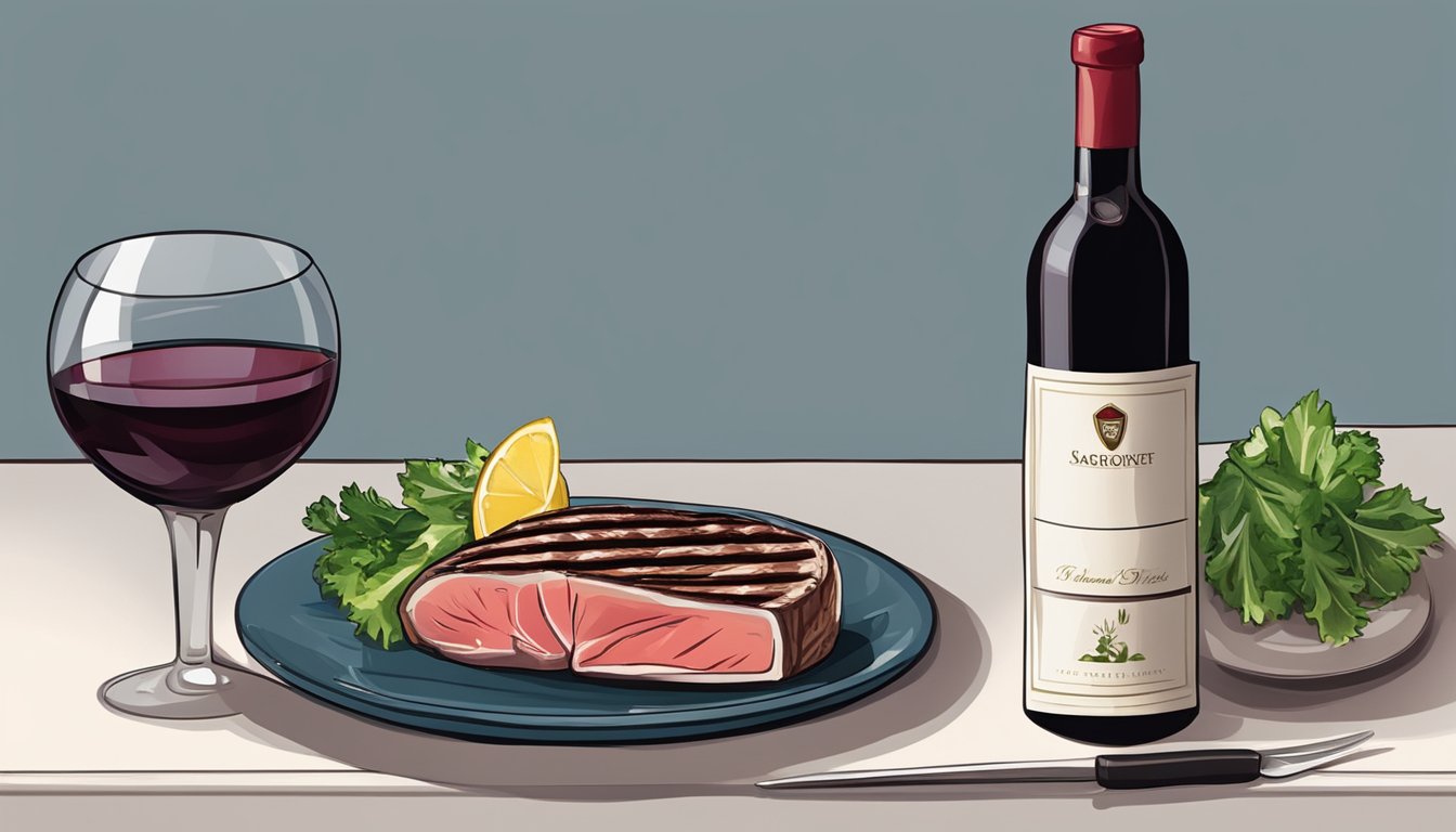 A bottle of red wine next to a grilled tuna steak on a plate