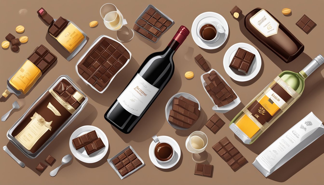 A table set with various types of chocolate and wine bottles arranged by intensity