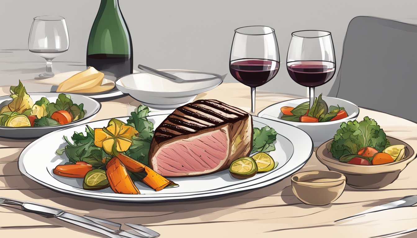 A table set with a grilled tuna steak, accompanied by a glass of red wine, and a side of roasted vegetables