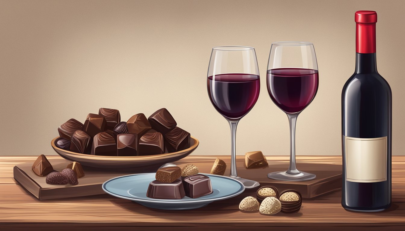 A bottle of red wine and a plate of assorted chocolates on a rustic wooden table