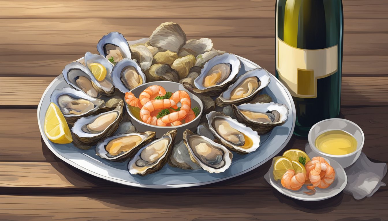 A platter of assorted shellfish, including oysters, clams, and shrimp, is paired with a bottle of crisp white wine on a rustic wooden table