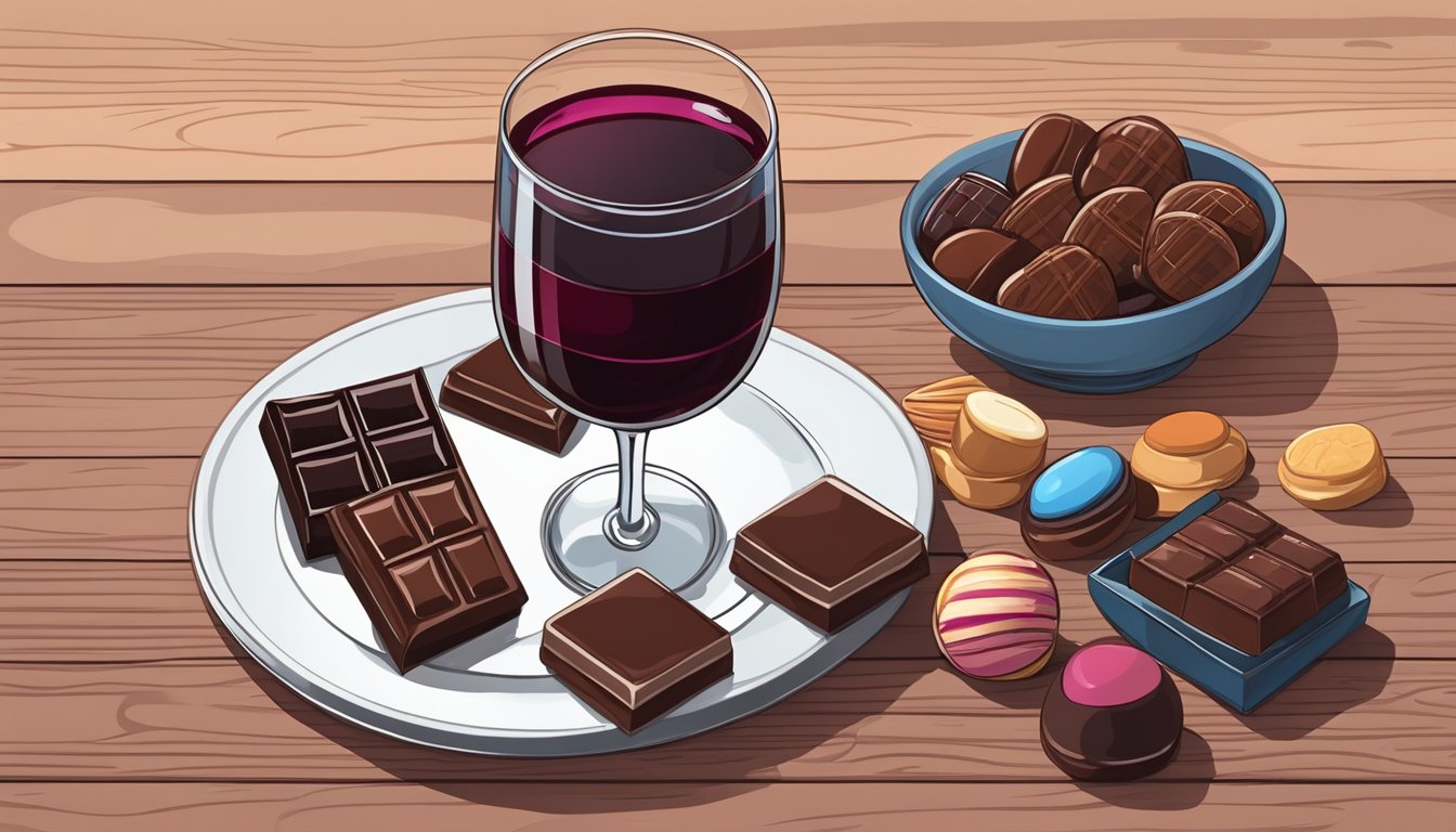 A wine glass filled with rich, dark red wine sits next to a plate of assorted chocolates on a wooden table