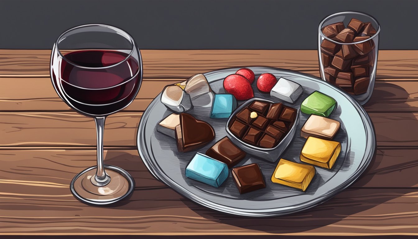 A glass of red wine and a plate of assorted chocolates on a rustic wooden table