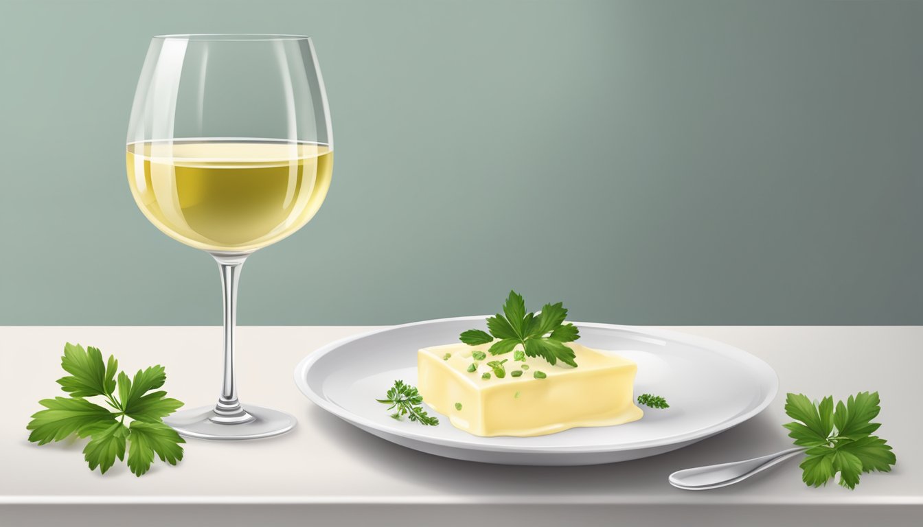 A glass of white wine next to a dish of creamy sauce with herbs