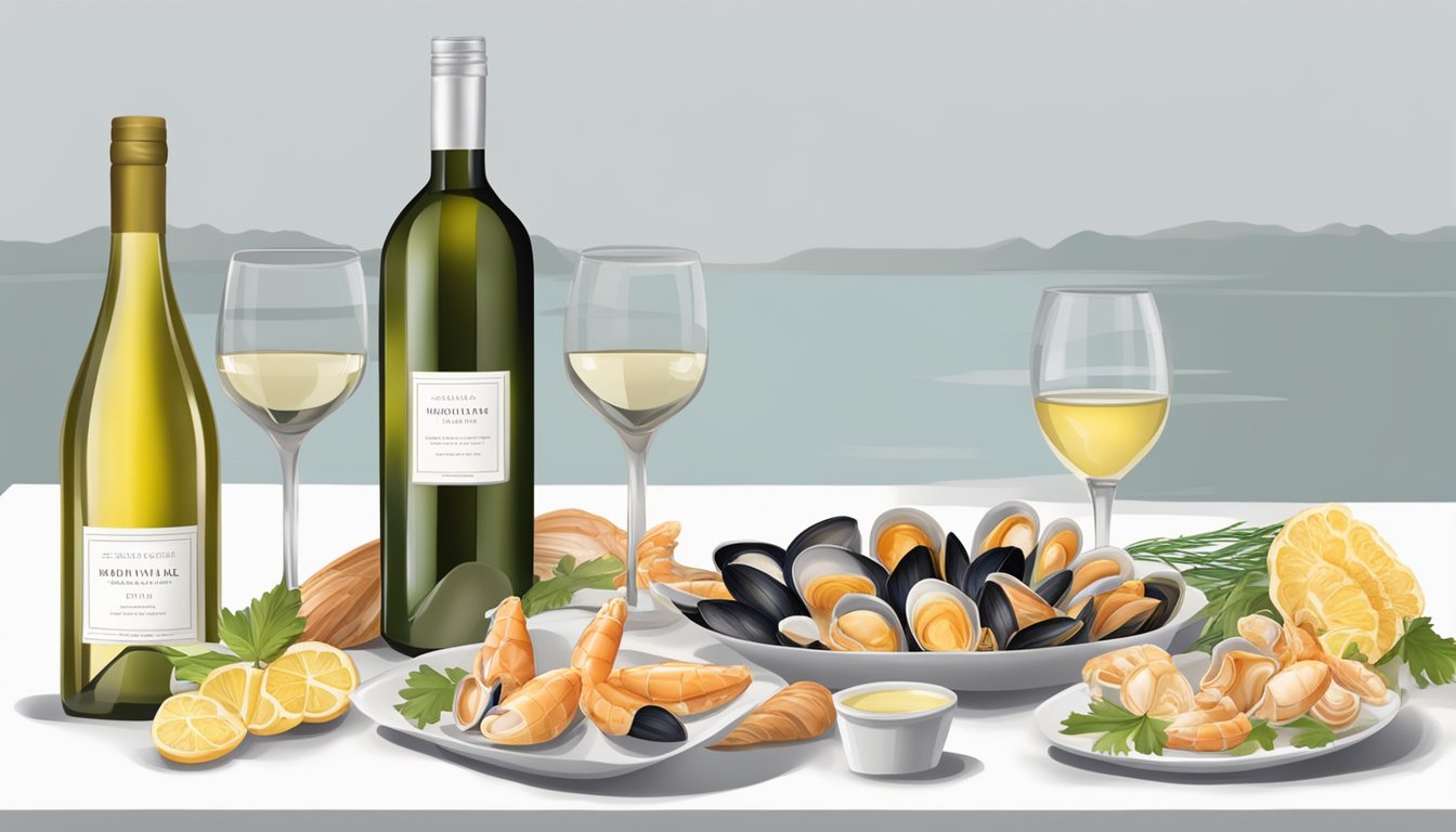 A table set with a spread of fresh shellfish and a bottle of regional white wine