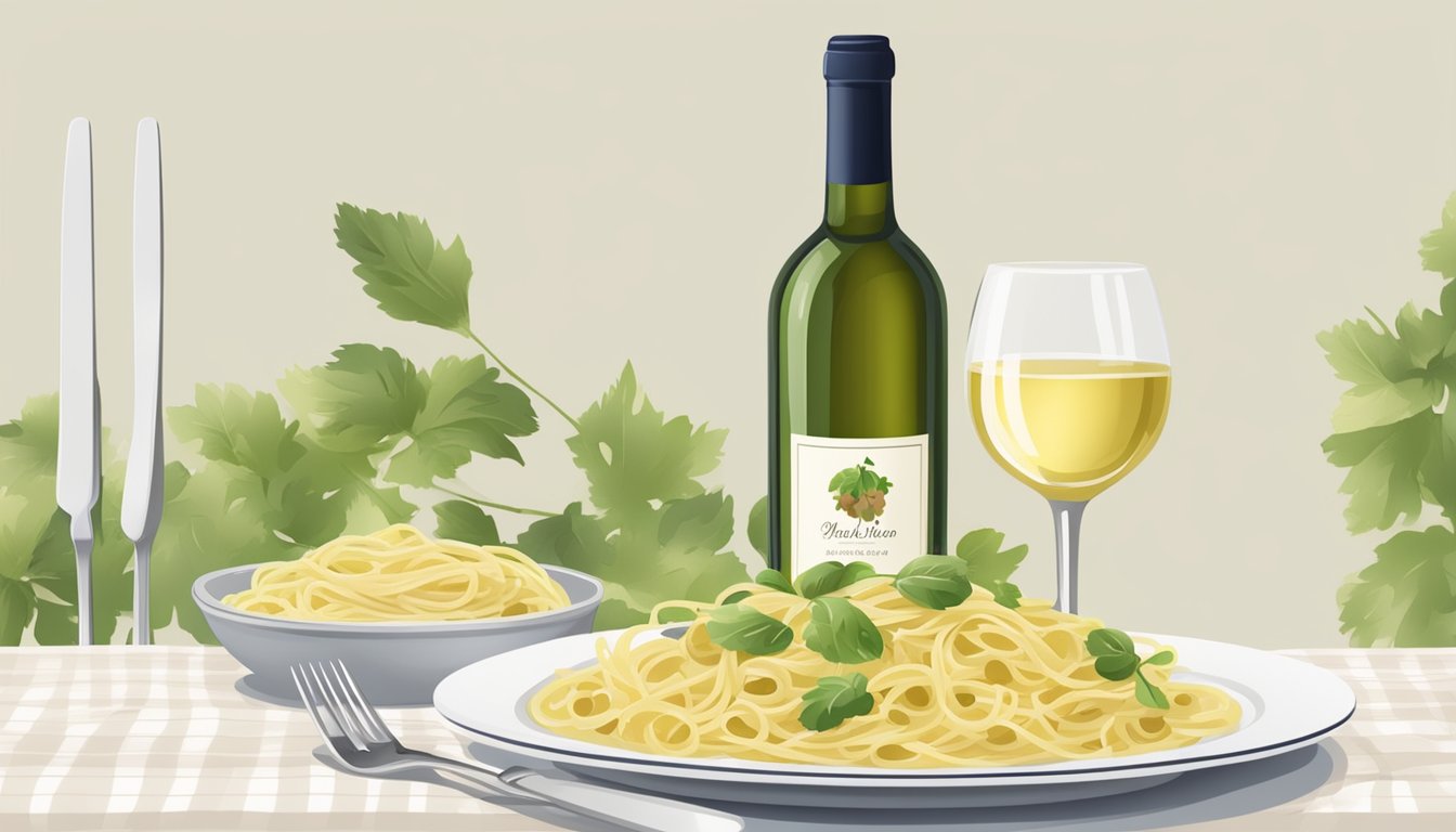 A bottle of white wine beside a plate of pasta with creamy sauce and a fork resting on a napkin