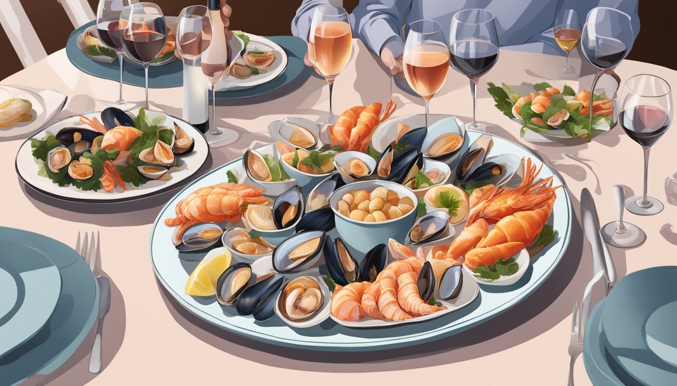 A table set with a variety of shellfish dishes and glasses of rosé and light red wines