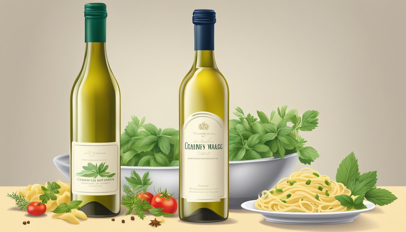 A bottle of white wine next to a dish of creamy pasta sauce with a variety of herbs and spices