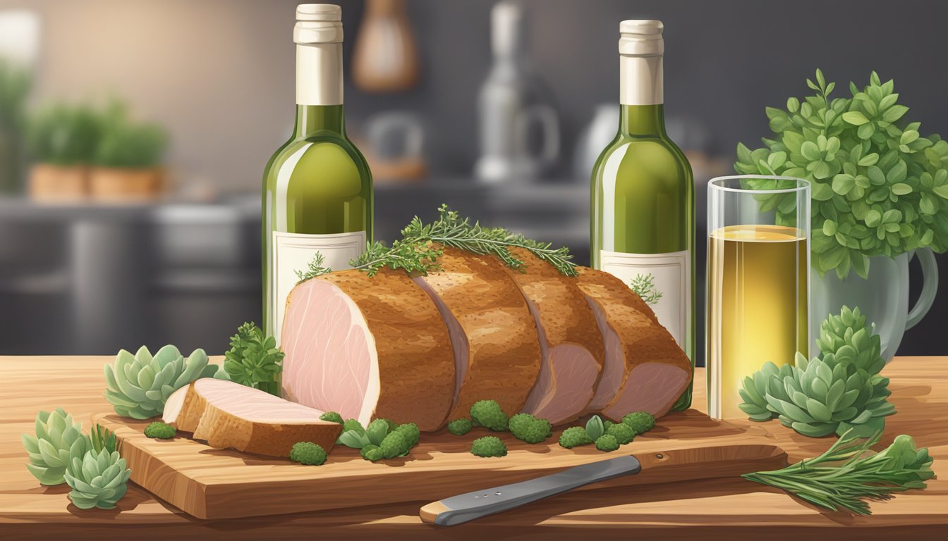 A bottle of white wine next to a succulent pork tenderloin on a wooden cutting board, surrounded by fresh herbs and spices