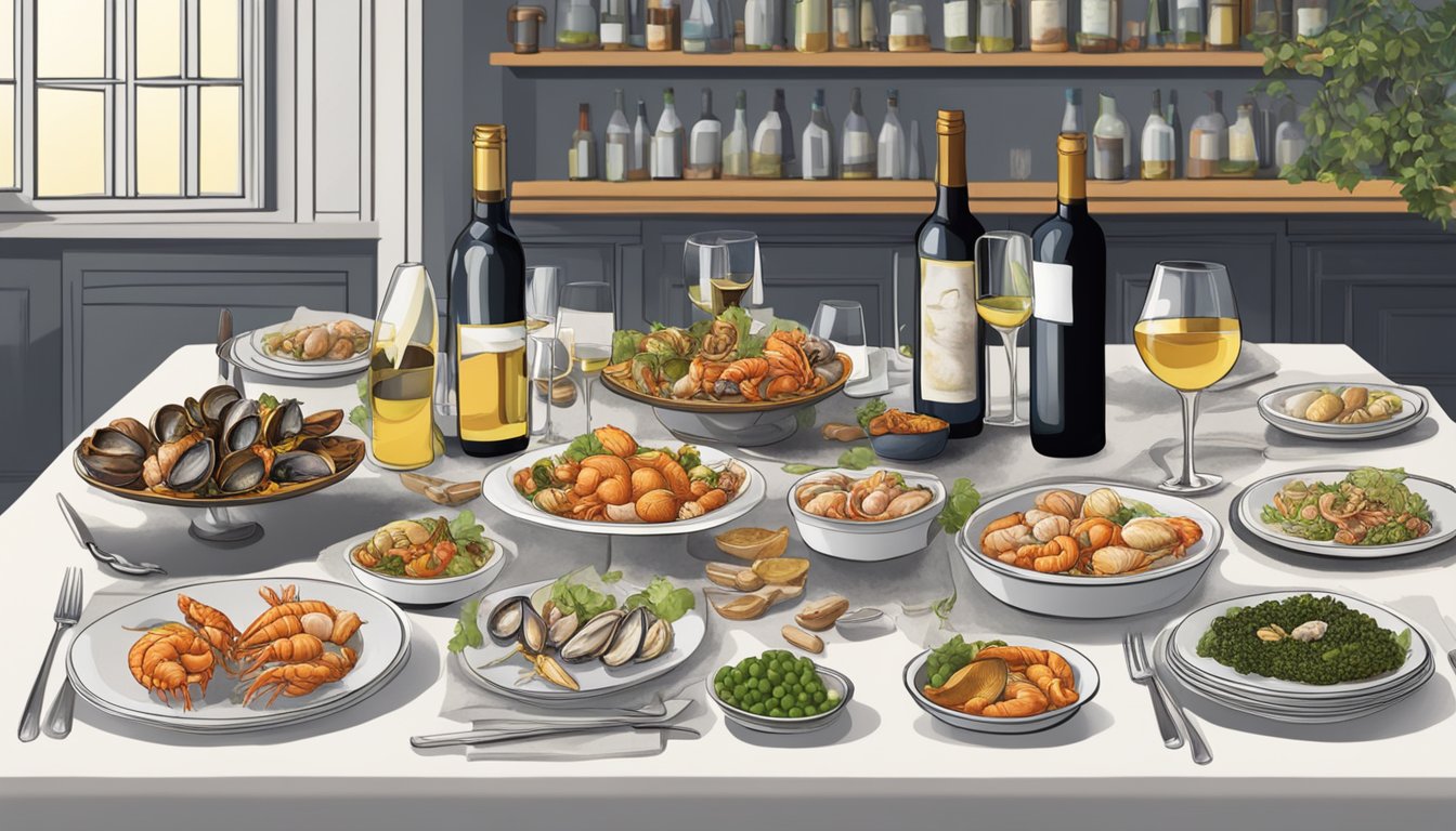 A table set with a variety of shellfish dishes, surrounded by bottles of uncommon varietal wines