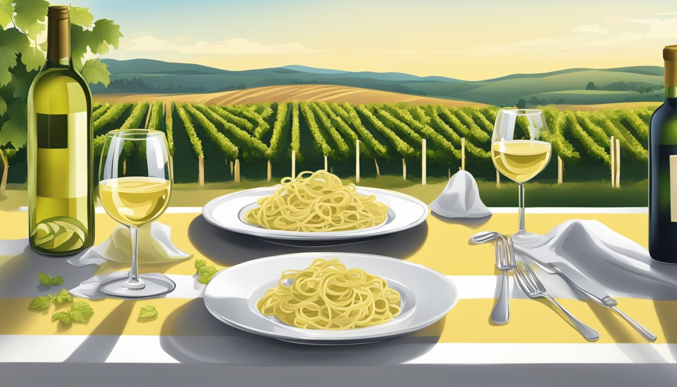 A glass of white wine next to a plate of creamy pasta, with a bottle of wine and a vineyard in the background