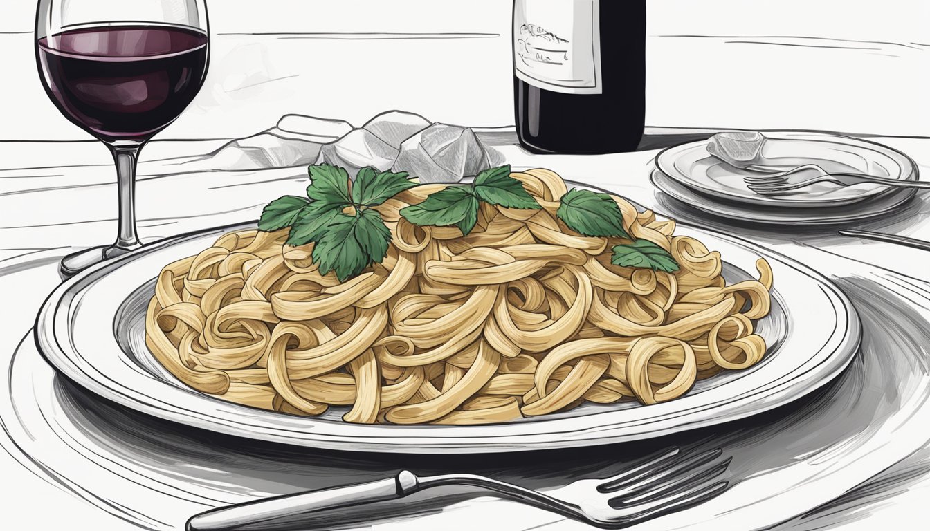 A bottle of red wine next to a plate of creamy pasta with a rich, savory sauce. A wine glass sits nearby, ready to be filled