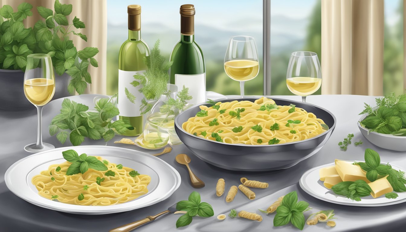 A table set with a creamy pasta dish and a glass of white wine, surrounded by elegant wine bottles and fresh herbs