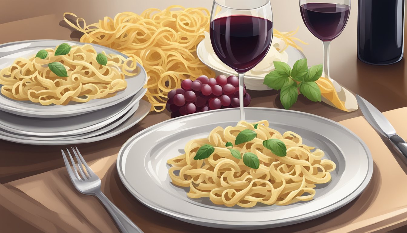 A bottle of red wine and a plate of creamy pasta on a table