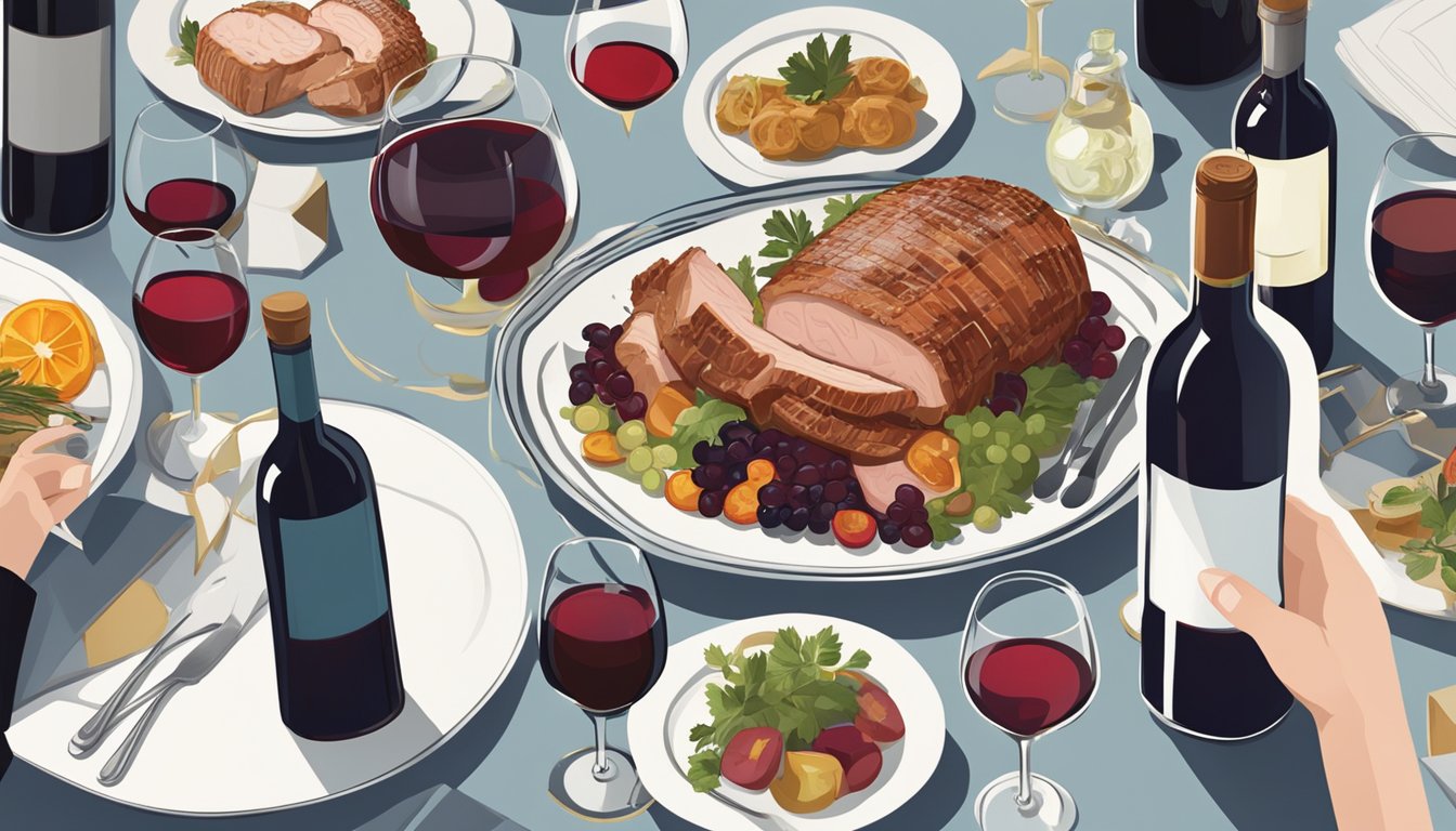 A table set with a roasted pork loin, surrounded by various bottles of wine, with a sommelier pouring a glass of red wine