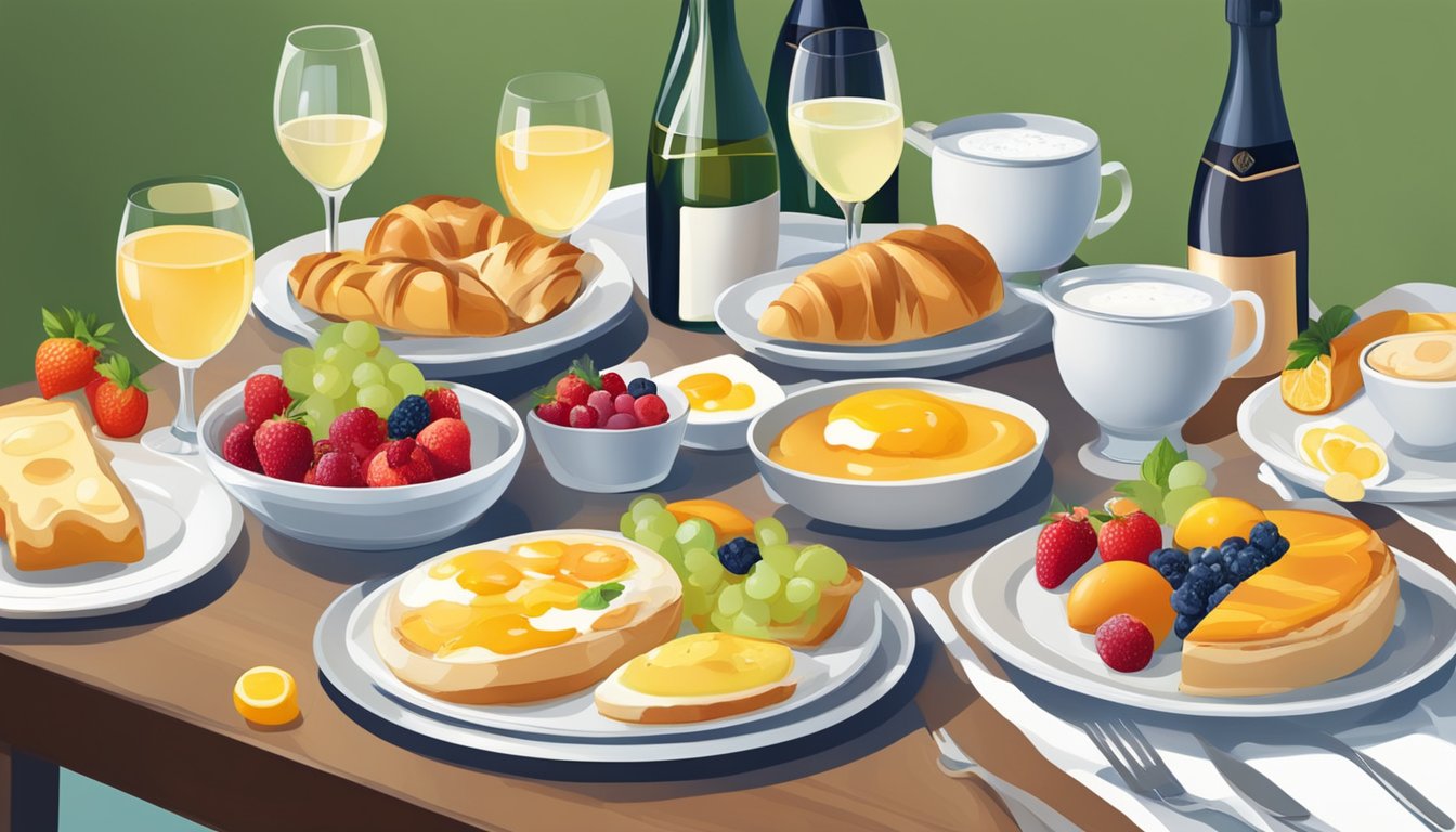 A table set with a variety of brunch dishes, including fresh fruit, pastries, eggs, and a bottle of sparkling wine