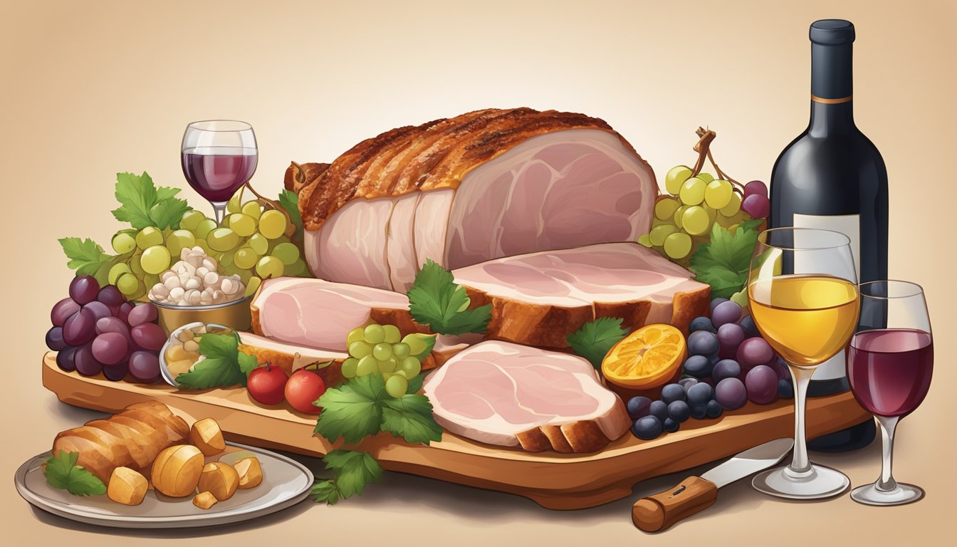 A platter of juicy roasted pork loin with a selection of specific wine varietals arranged around it