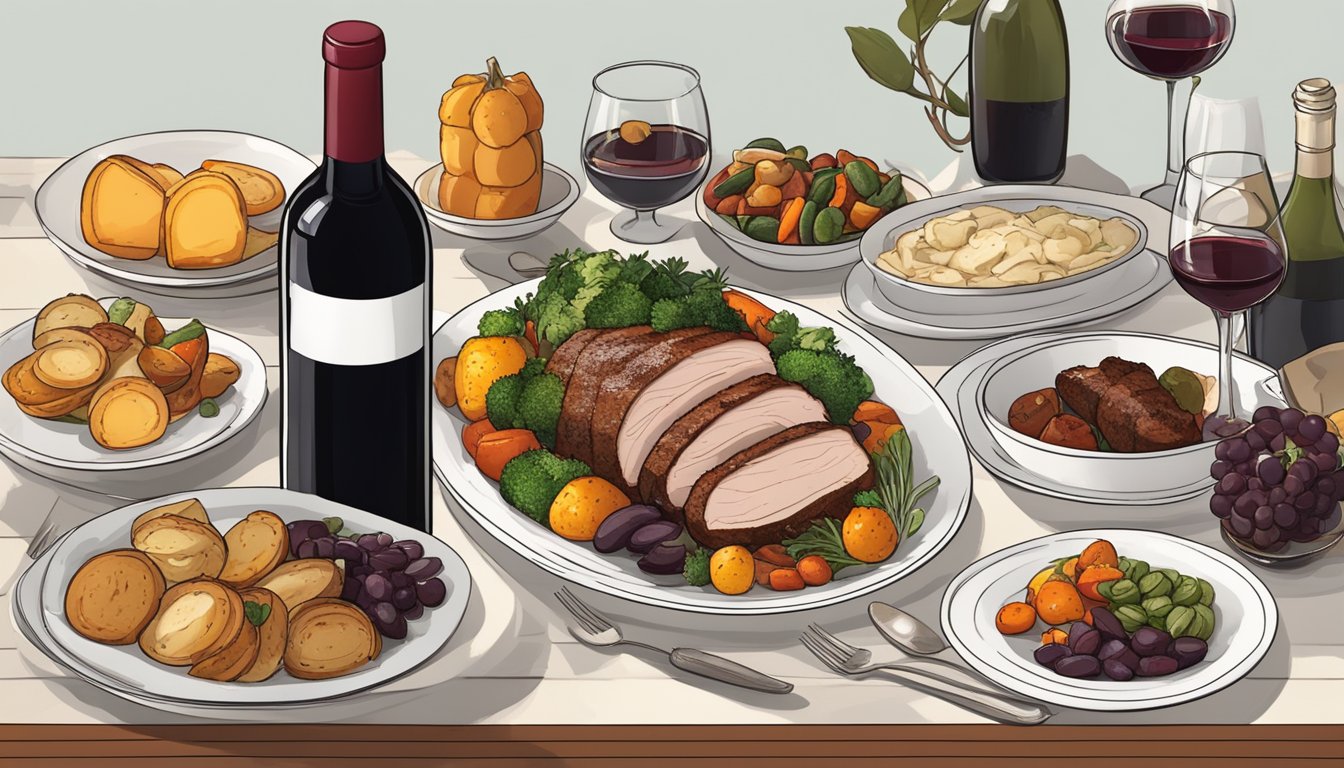 A table set with a succulent roasted pork loin, surrounded by side dishes of roasted vegetables, and a bottle of rich red wine