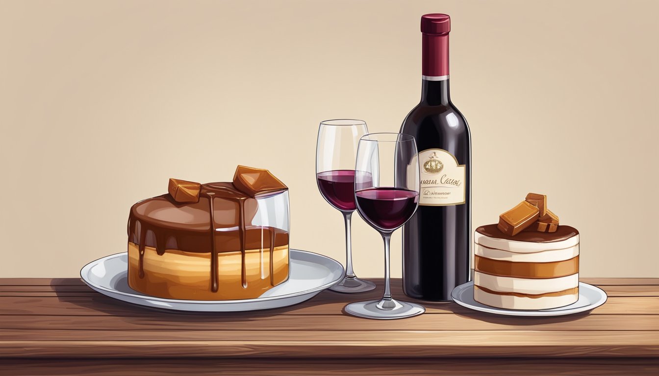 A bottle of rich red wine next to a decadent caramel dessert on a rustic wooden table