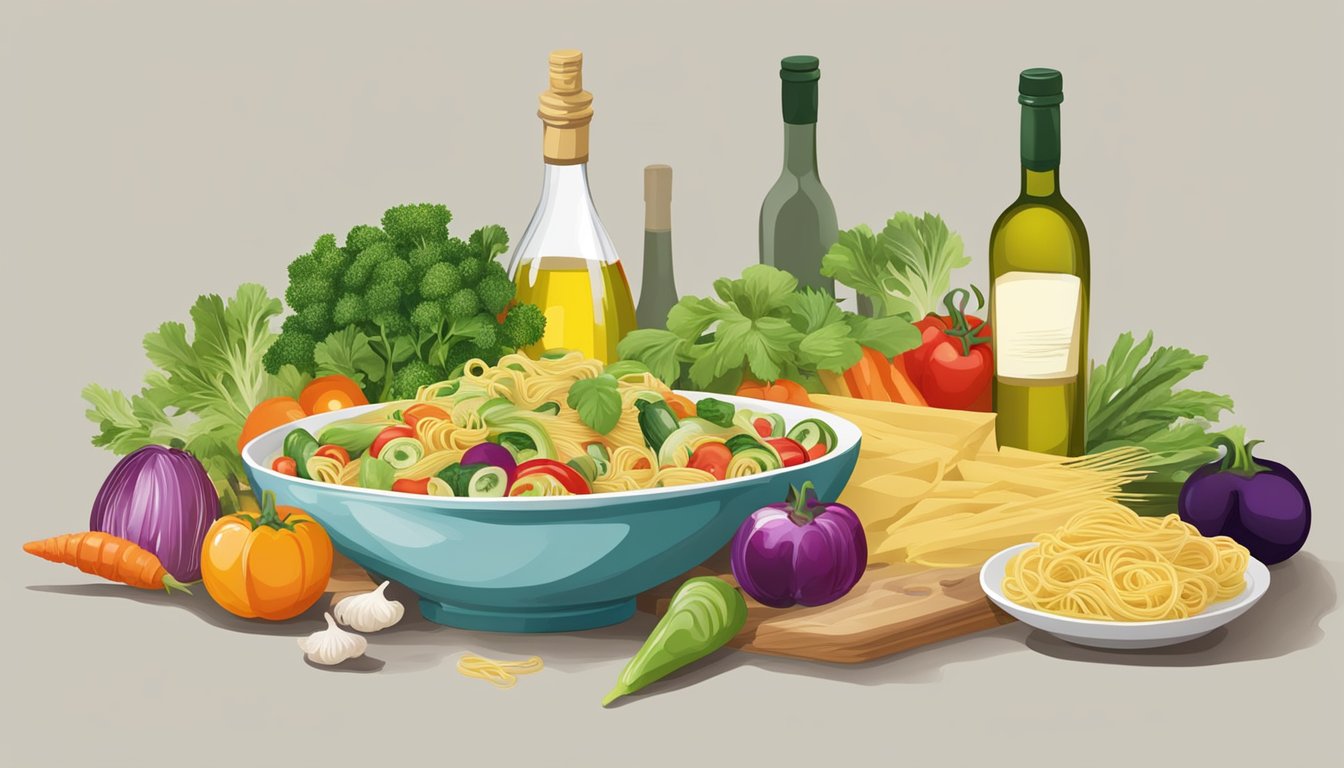 A table set with a colorful array of fresh vegetables, pasta, and a bottle of white wine