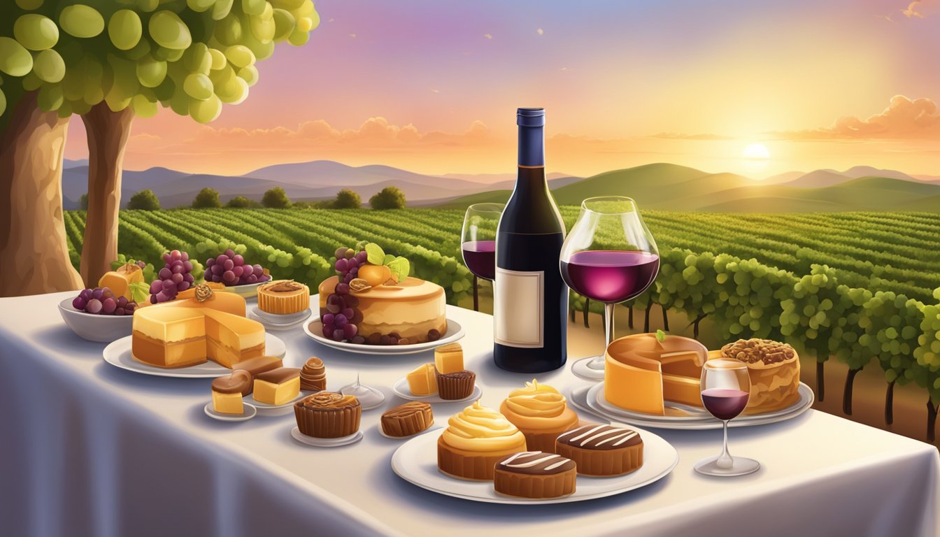 A table set with a variety of caramel desserts and wine glasses, surrounded by lush vineyards and a sunset