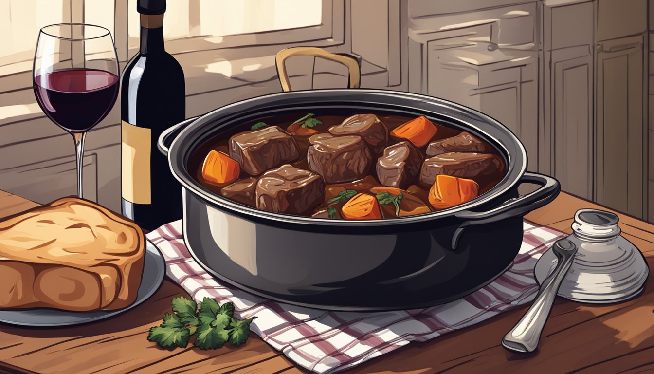 A hearty beef stew simmering on a stovetop, accompanied by a bottle of rich red wine and a couple of wine glasses on a rustic wooden table