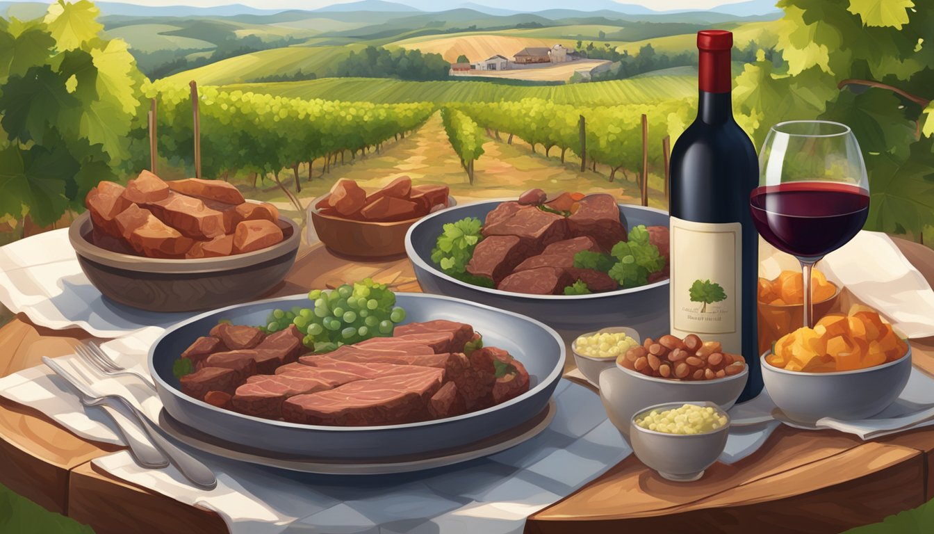 A rustic dining table with a steaming bowl of stewed meats and a bottle of red wine, surrounded by vineyard landscapes