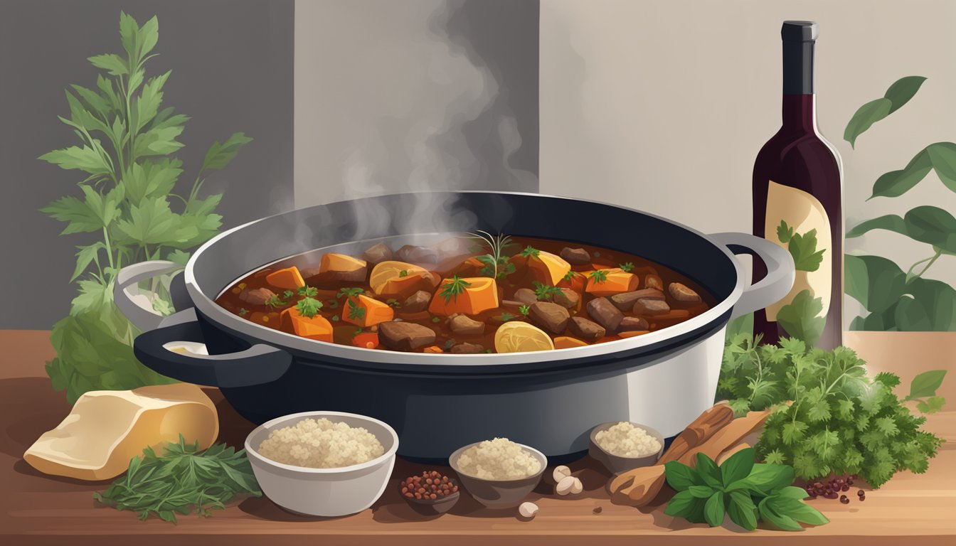 A rich, hearty stew simmering in a pot next to a bottle of red wine and a selection of fresh herbs and spices