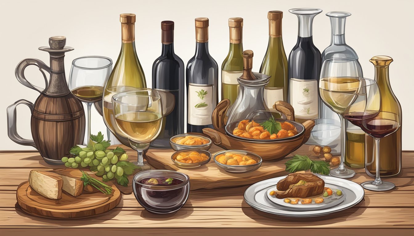 A rustic wooden table set with various non-traditional stews, accompanied by a selection of alternative wine options in elegant glassware