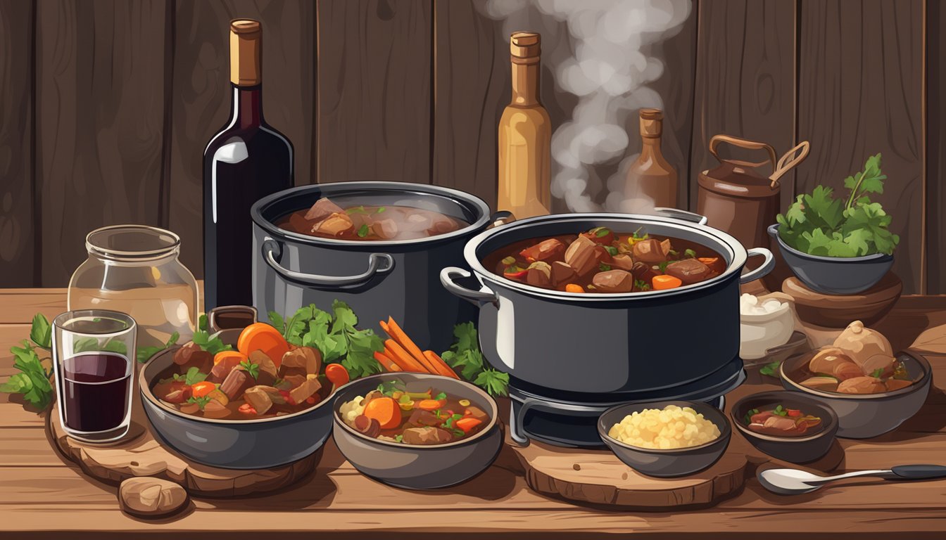 A steaming pot of hearty stew sits beside a bottle of red wine, surrounded by rustic bowls and utensils on a wooden table