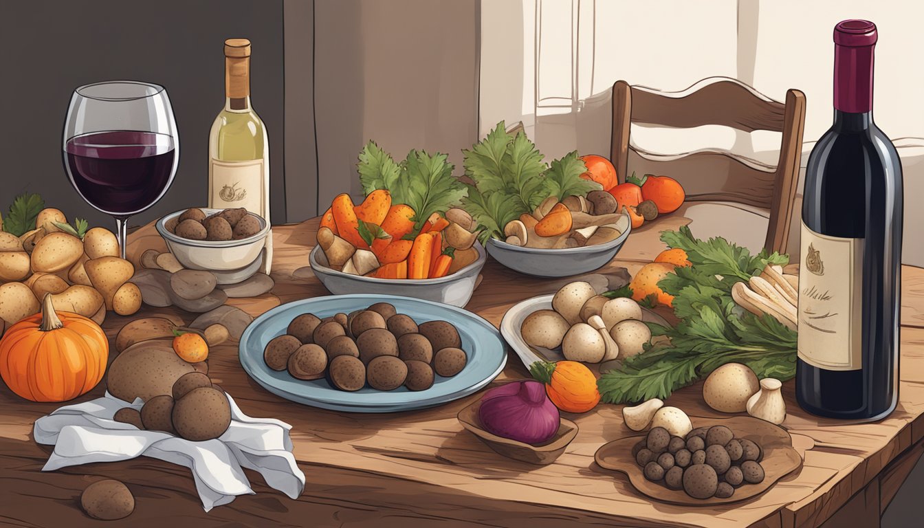 A rustic wooden table set with a spread of earthy foods like mushrooms, truffles, and roasted root vegetables, accompanied by a bottle of red wine