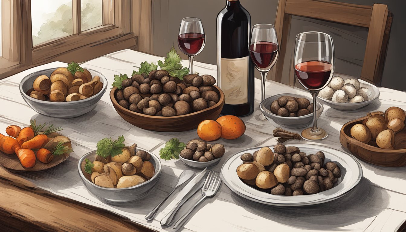 A rustic wooden table with earthy dishes like mushrooms, truffles, and roasted root vegetables, accompanied by a selection of red and white wines