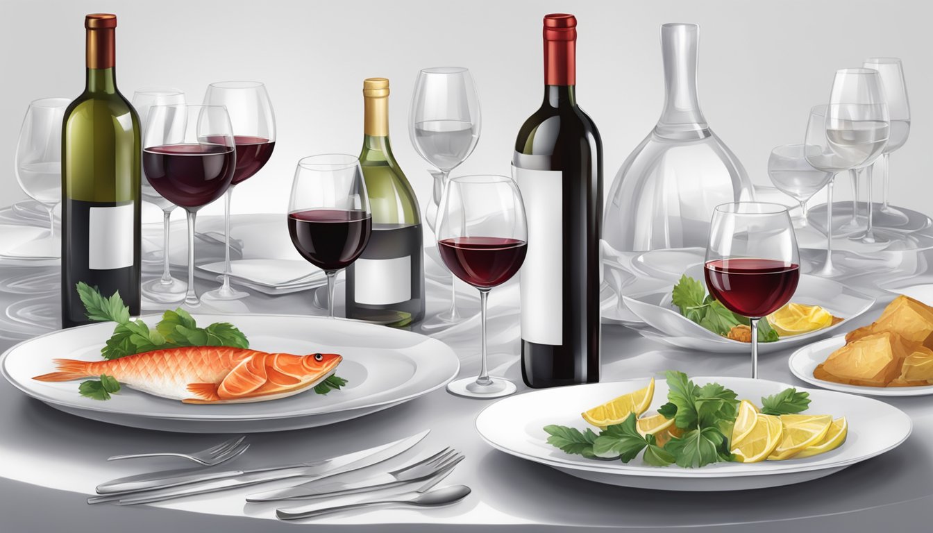 A table set with a white fish dish and a selection of red wines