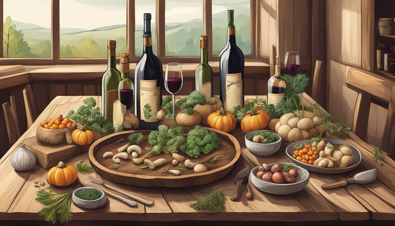 A rustic wooden table set with earthy ingredients like mushrooms, root vegetables, and herbs, accompanied by a selection of regional wine bottles