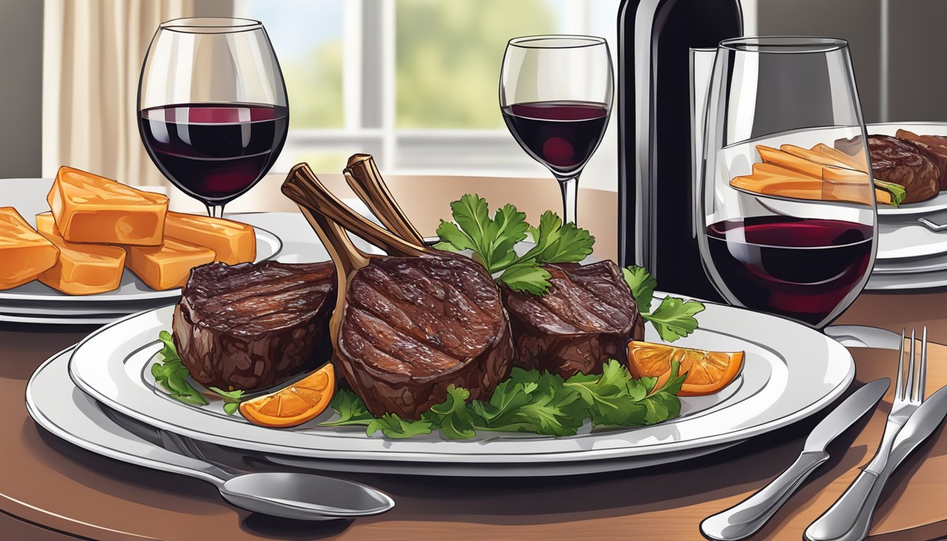 A table set with a plate of juicy lamb chops and a glass of rich red wine