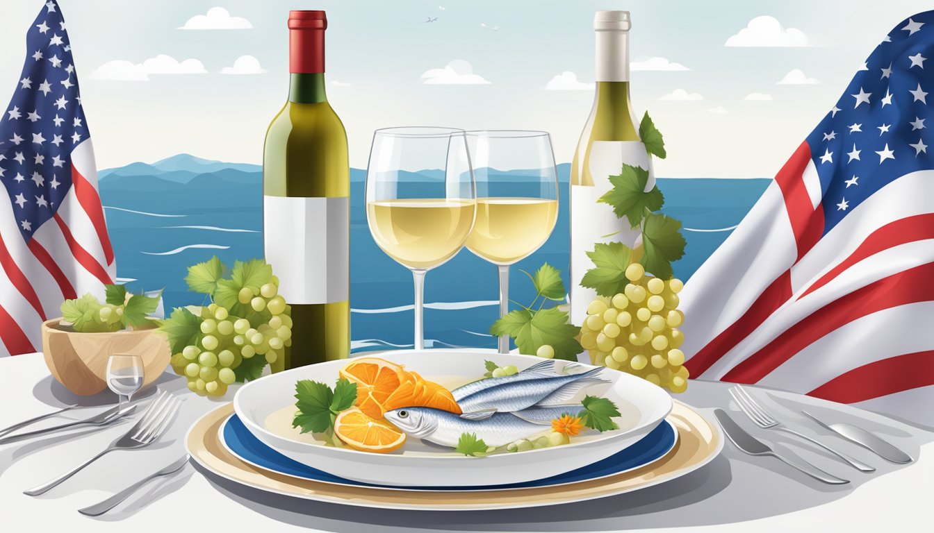 A table set with a delicate white fish dish alongside a glass of white wine, surrounded by international flags and symbols of different wine regions