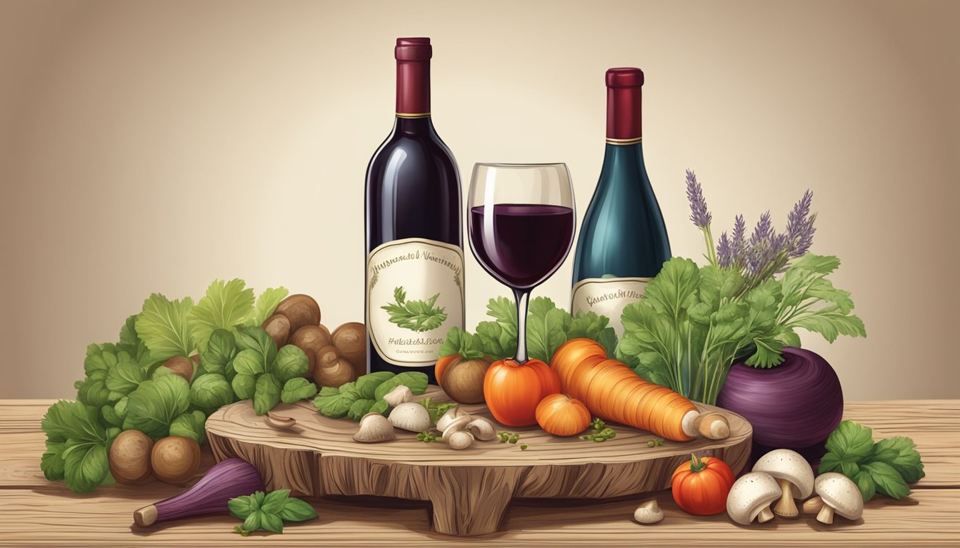 A rustic wooden table set with earthy vegetables, mushrooms, and herbs, alongside a bottle of red wine and two elegant wine glasses