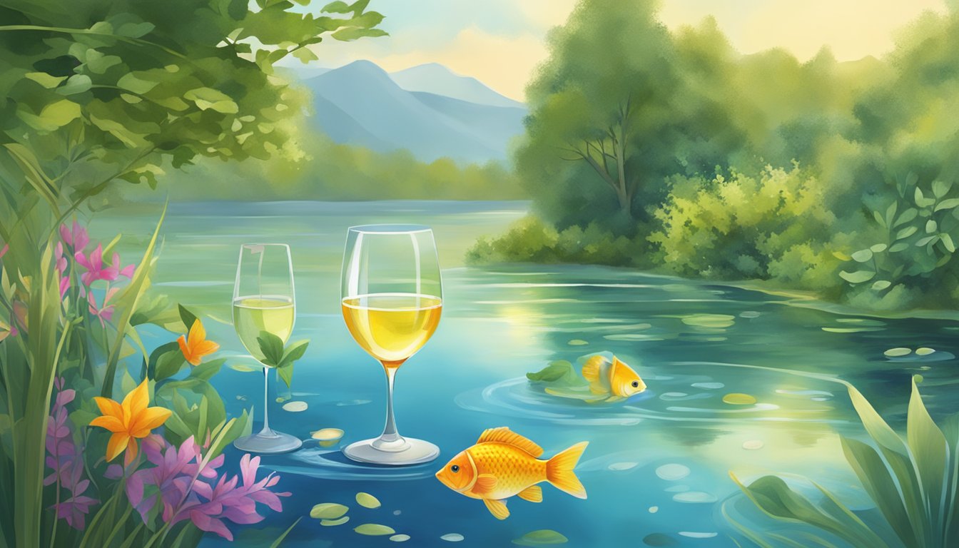 A serene lakeside with colorful fish swimming in clear water, surrounded by lush greenery and a glass of white wine nearby