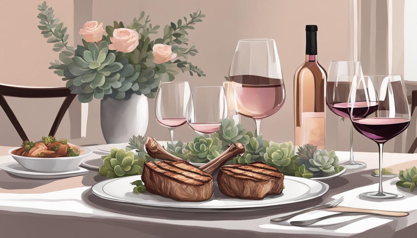 A table set with a platter of succulent lamb chops and a selection of white, rosé, and other wine options, with elegant wine glasses and a cozy ambiance