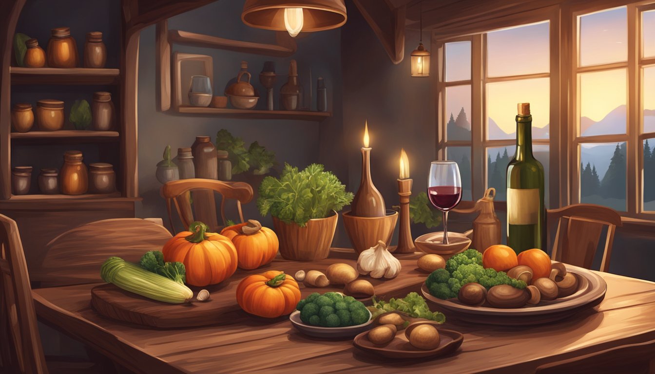 A rustic wooden table set with earthy vegetables, mushrooms, and a bottle of red wine. A cozy, dimly lit dining room with soft candlelight