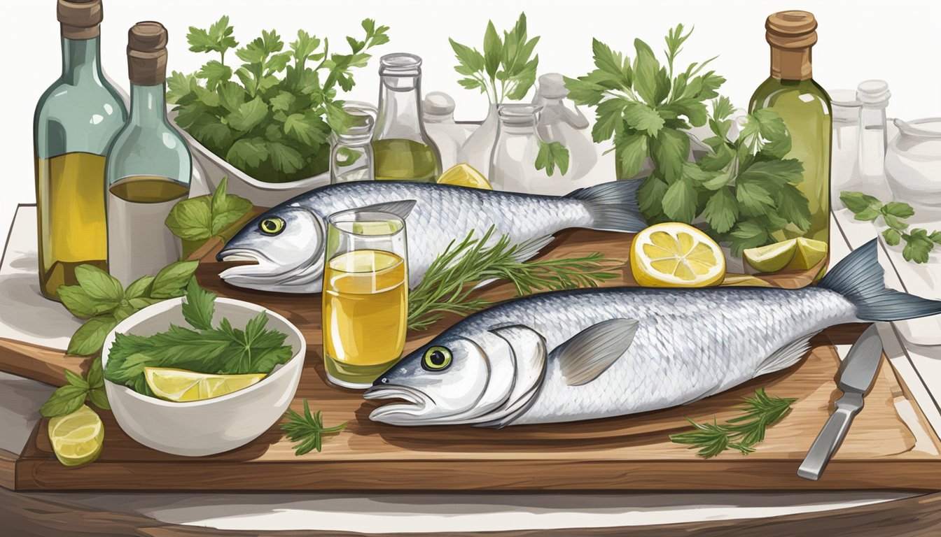 A chef grilling white fish on a barbecue while a bottle of white wine sits on the table next to a selection of fresh herbs and spices