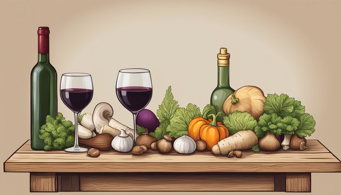 A rustic wooden table set with earthy vegetables, mushrooms, and a bottle of red wine