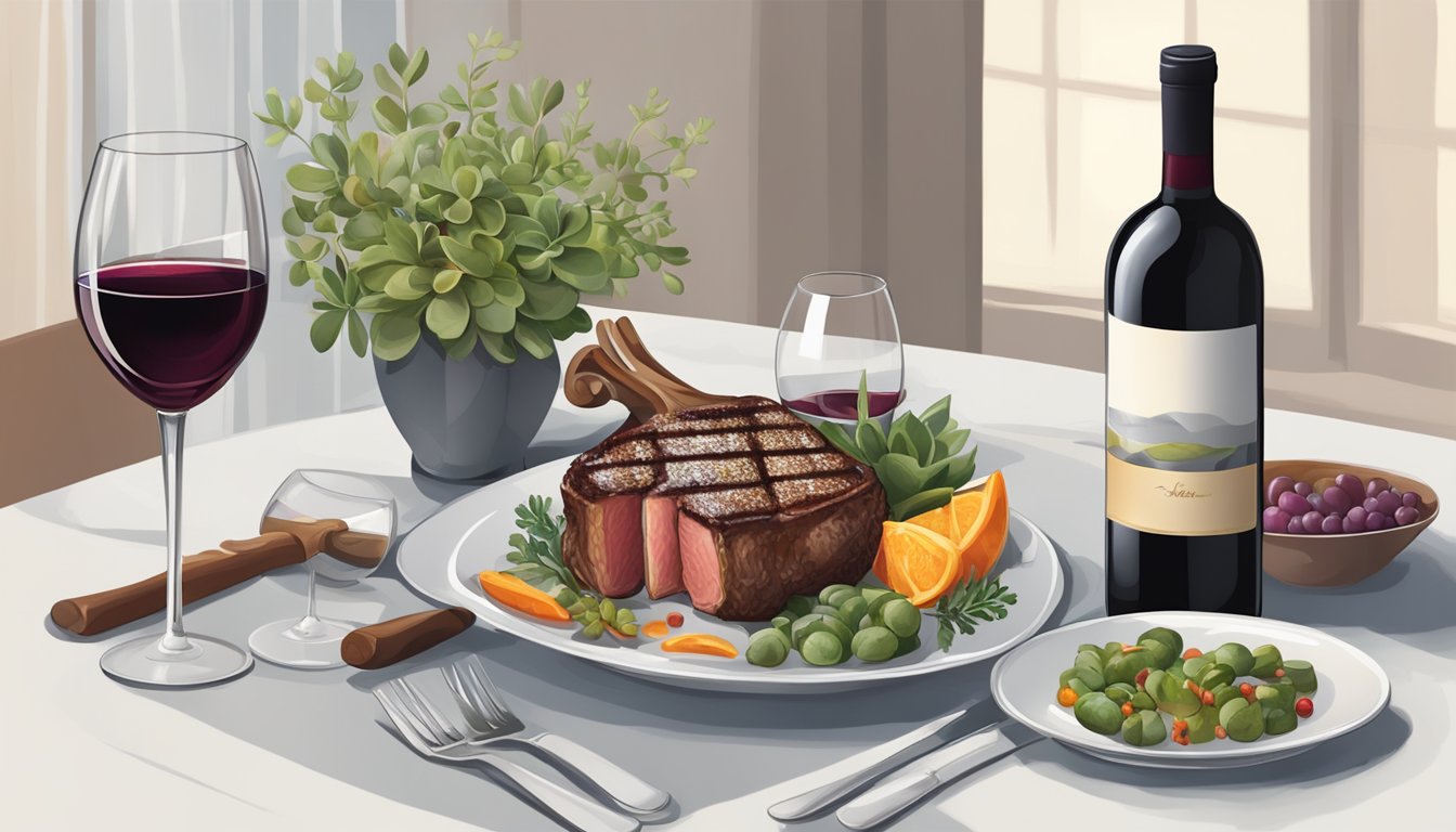 A table set with a succulent plate of lamb chops, a bottle of red wine, and elegant wine glasses