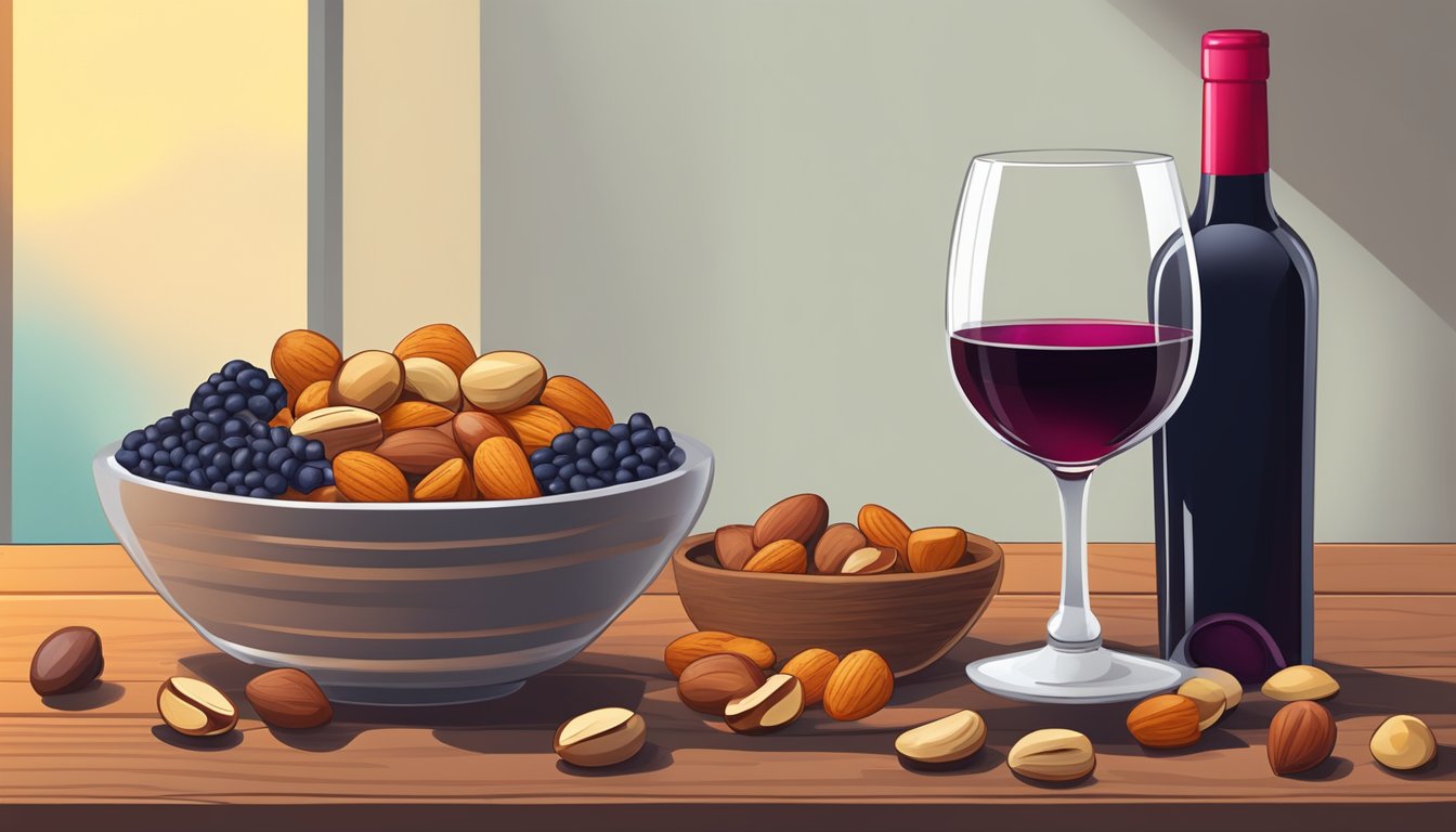 A glass of red wine next to a bowl of mixed nuts and dried fruits on a wooden table