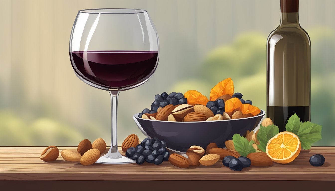 A glass of red wine next to a bowl of mixed nuts and dried fruits on a wooden table