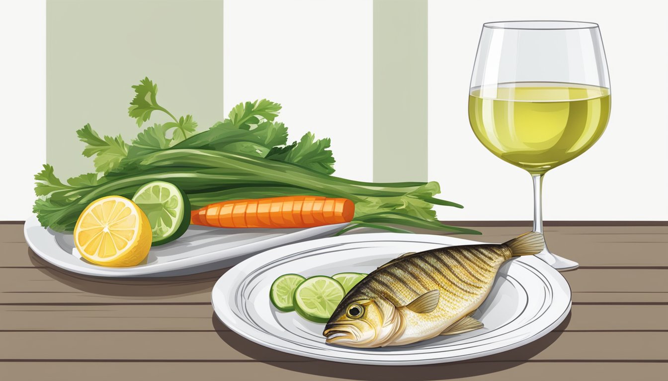 A glass of crisp white wine next to a plate of grilled white fish with a side of fresh vegetables