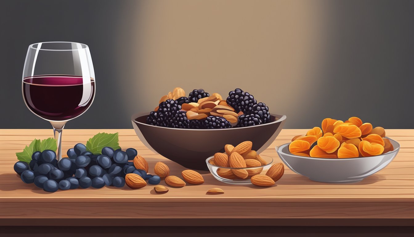 A glass of red wine next to a bowl of mixed nuts and dried fruits on a wooden table