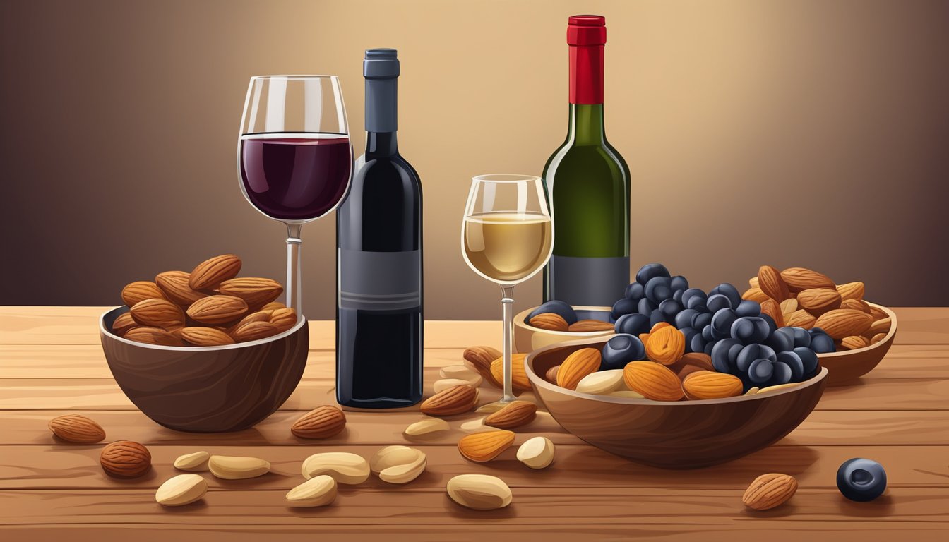 A glass of red wine next to a bowl of mixed nuts and dried fruits on a wooden table