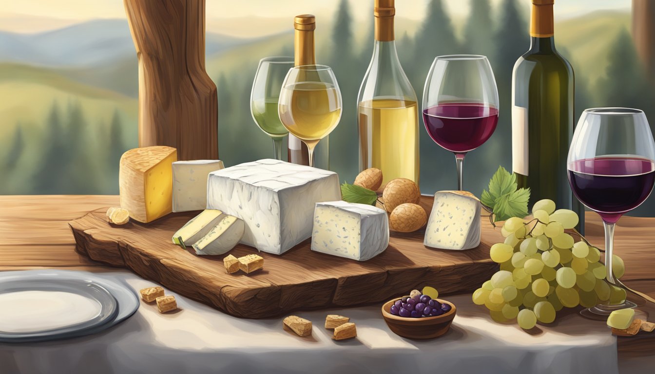 A rustic wooden table with a spread of various goat cheeses and a selection of regional wines in elegant glassware